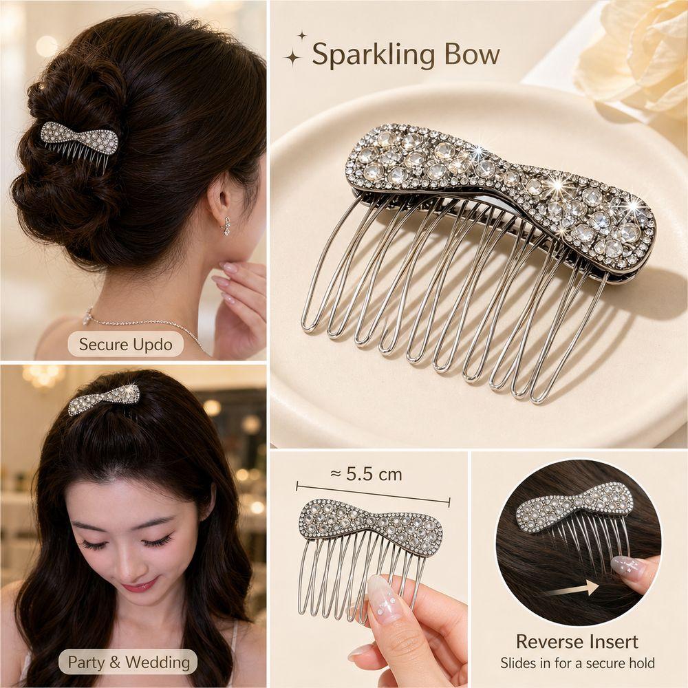 Silver Bow Hair Comb Bow Shape Updo Hair Comb Gifts Back-of-head Bun Hairbrush Updo Styling