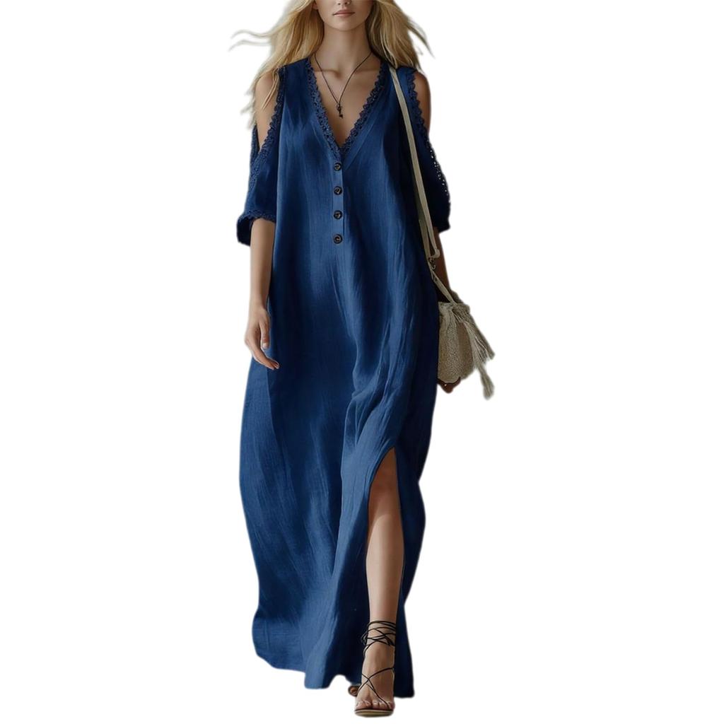 Women’s Lace Trim Loose Fit Off Shoulder Maxi Dress Casual Long Sleeve Button Down Design with Side Slit and V Neck