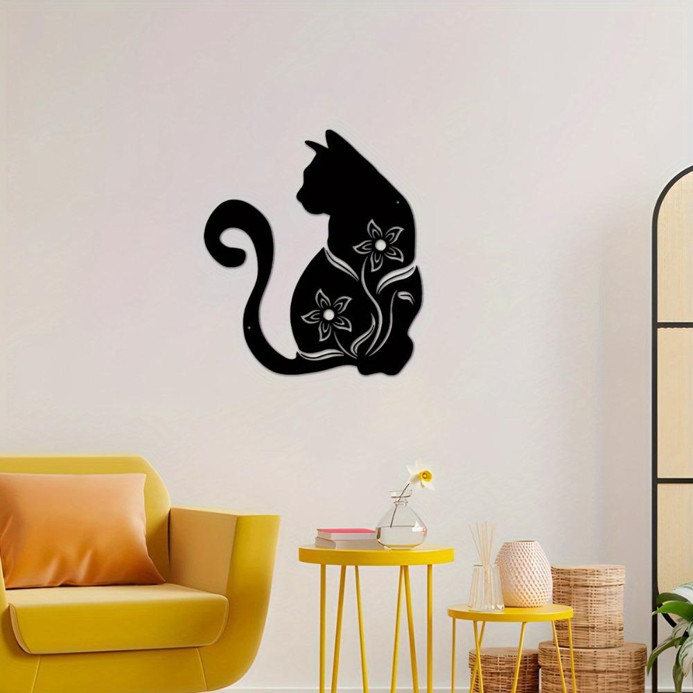 1pc Black Cat Metal Wall Art Floral Accents Home Decor 15.74 Inch for Living Room Bedroom Kitchen Outdoor Cat Decoration