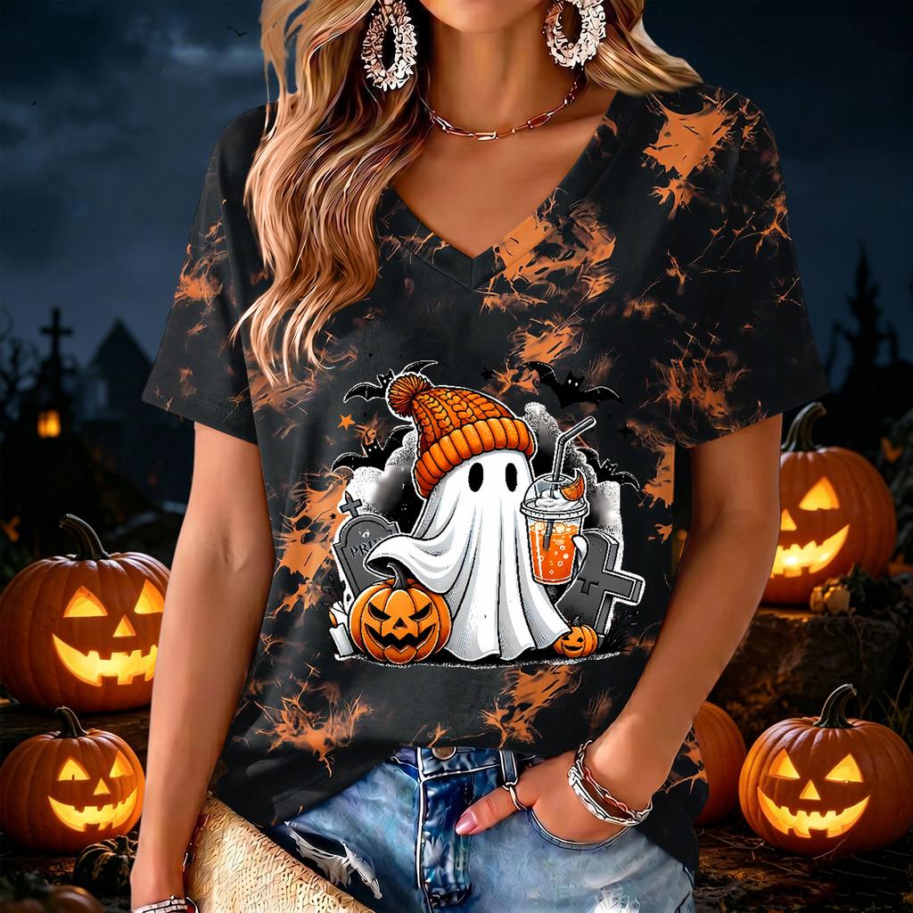 Women's V Neck Halloween Print Lightweight Summer Top