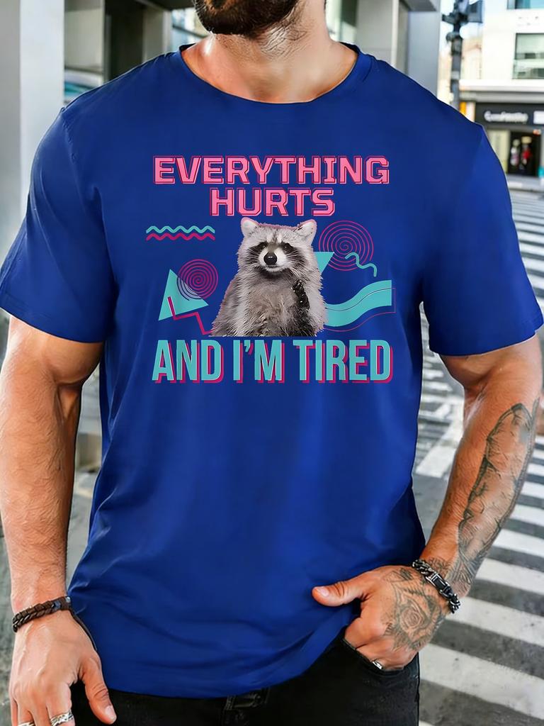 Unisex Cute Tired Raccoon Quote Retro Graphic Cotton Short Sleeve Tee Crew Neck Soft Male Summer Casual Breathable Street Wear Top