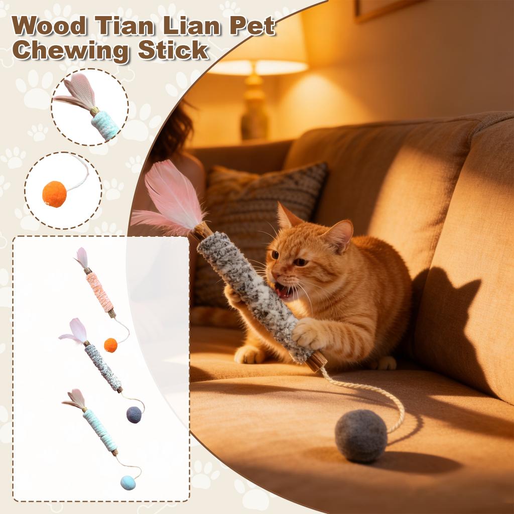 Actinidia Polygama Chew Stick, Wool Ball Toy, Wool-wrapped Cats Teaser, Natural Feathers, Chew-resistant, For Cats To Have Fun And Boredom