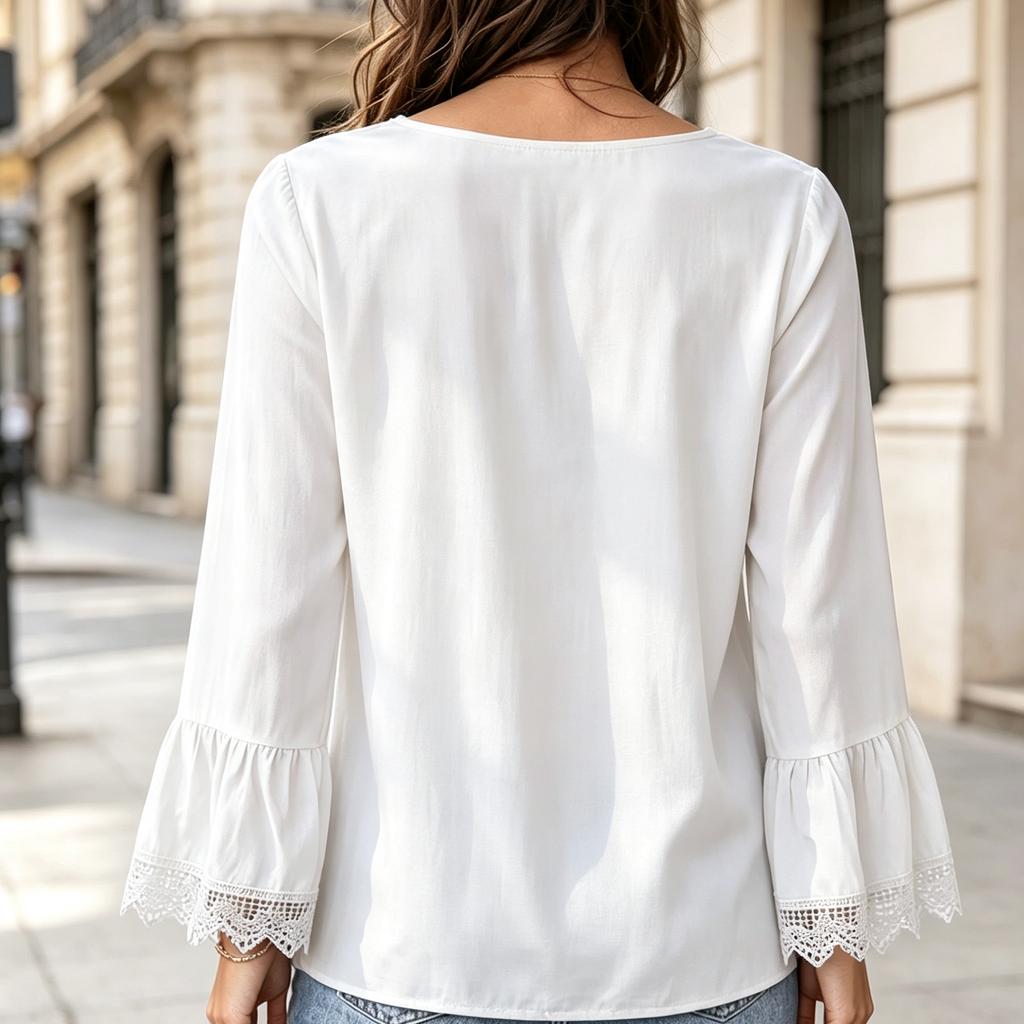 Blouse Bohème Patchwork Dentelle Col V Nouée Devant Manches Longues Évasées Coupe Ample pour Tenue Décontractée