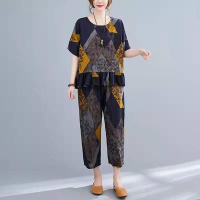 Mutter Vintage Oversized Zweiteiler Sommer Lässig Kurzarm T-Shirt Oberteil und Entspannte Sieben-Zoll Haremshose mit Aufdruck Muster Set