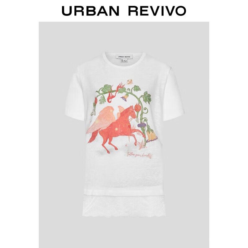 UR 2025 Summer Women s Fun Pattern Spliced Lace Short Sleeve T-Shirt M