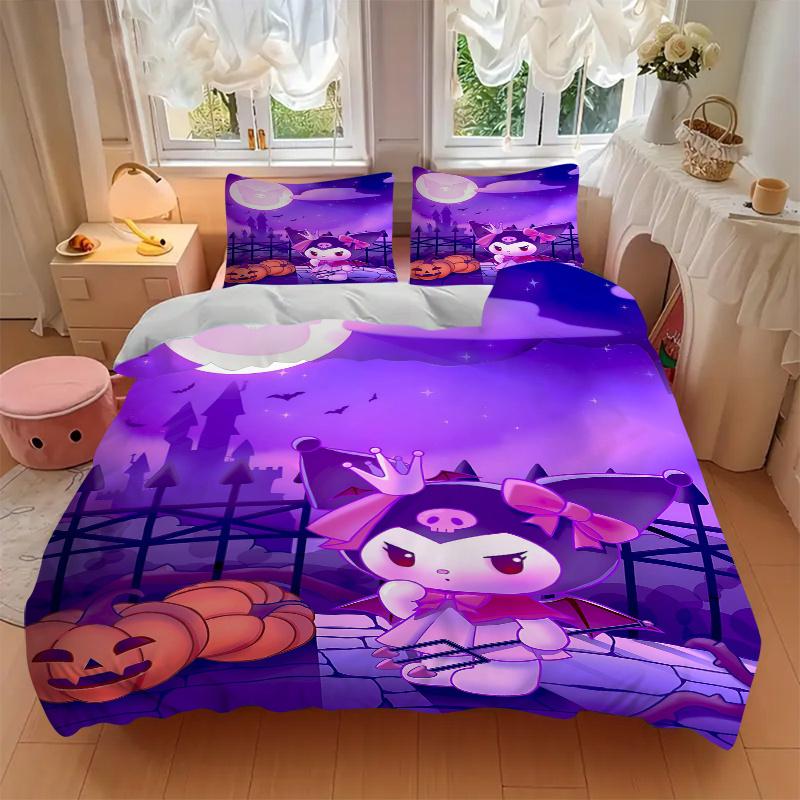 3pcs Halloween Night Kuromi's Spooky Castle Printed Duvet Cover Set (1 * Cover+2 * Pillowcase, Without Core), Suitable for Home Bedroom, Guest Ro