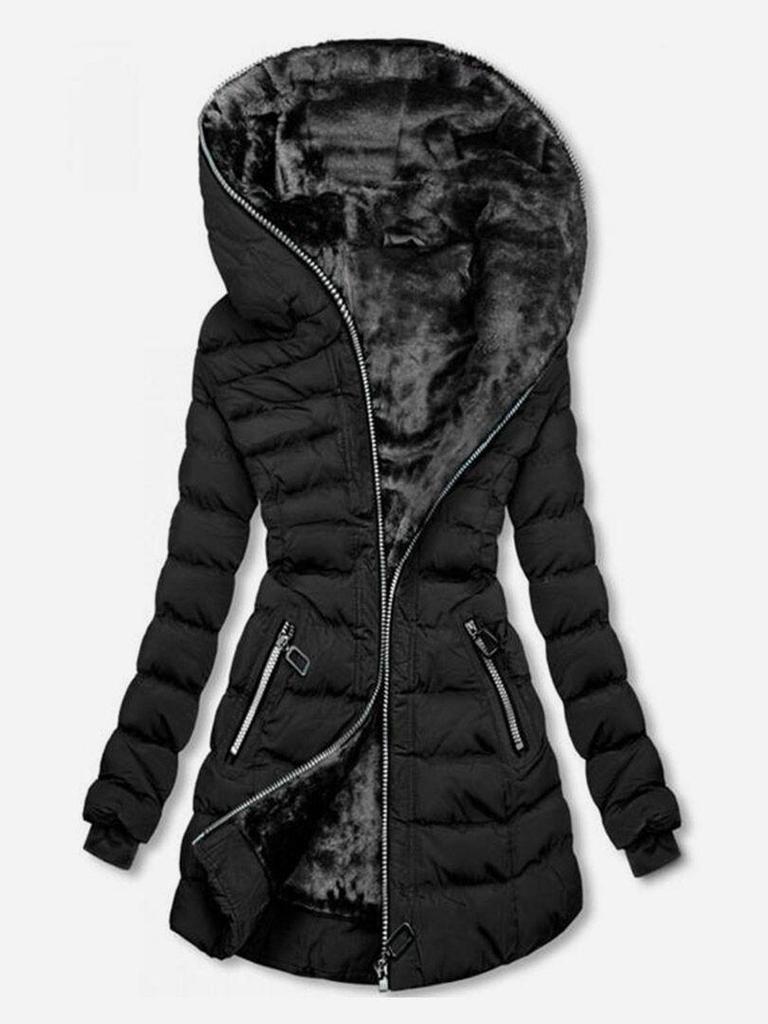 Women's Hooded Long Sleeve Fleece-Lined Mid-Length Cotton Coat Winter Zipper Jacket W329