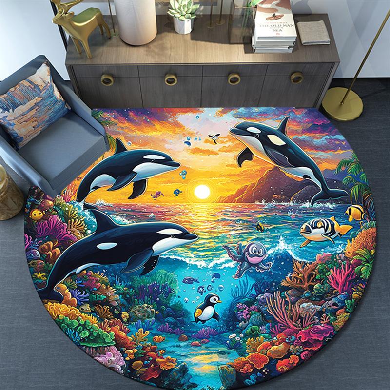Orca Whales Round Area Rug,Carpet Rug for Living Room Bedroom Sofa Playroom Decor,Non-slip Floor Mat