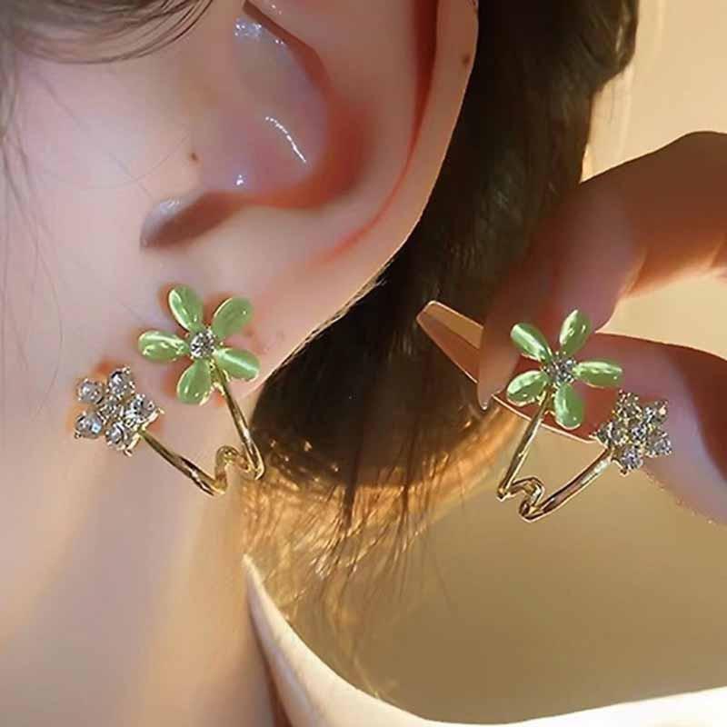 925 Silver Needle Green Flower Earrings For Women Korean Fashion Jewelry Trending Luxury Zircon Leaf Women's Stud Earrings