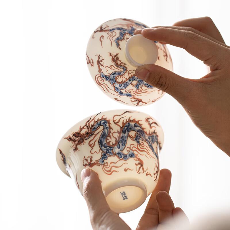 Auspicious Dragon Mutton Fat Jade Ceramic Sancai Gaiwan Kung Fu Tea Set
