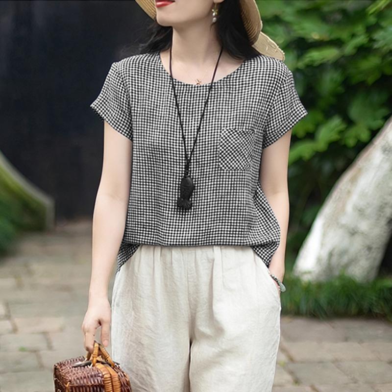 ZANZEA Women Grid Print Casual Round Neck Loose Short Sleeve Blouse