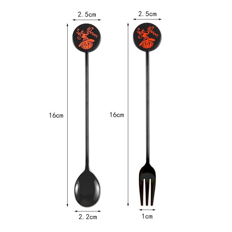 Halloween 304Stainless Steel Fork Spoon Set Halloween Pumpkin Witch Ghost Dessert Cake Fork Spoon Kitchen Stirring Ice Spoon