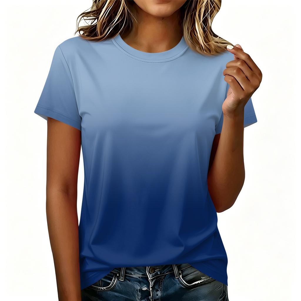 Women's Casual Pullover T-Shirt Short Sleeve Crew Neck Gradient Color Top Lightweight Soft Fabric Summer Wear
