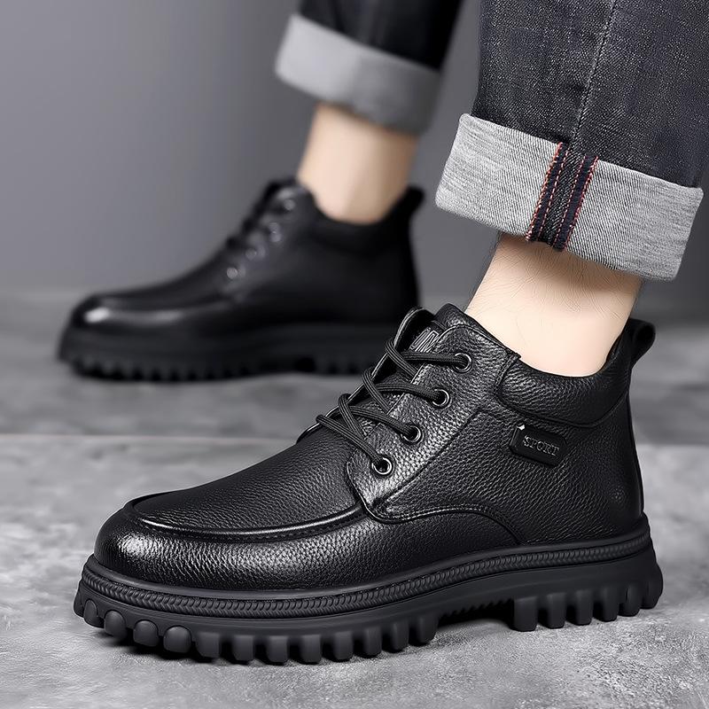 2024 Winter Shoes Men Ankle Boots Fashion Brand Male Footwear Genuine Leather Warm Plush Flat Non-slip Pure Black D230