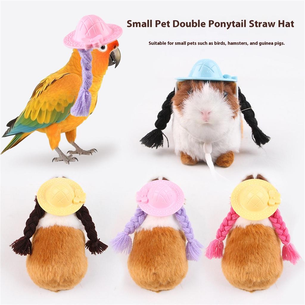 Mini Hat with Long Braids For Cockatiel Parrots Small Pet Party Photo Props Soft Guinea Pigs Hamster Costume Accessories