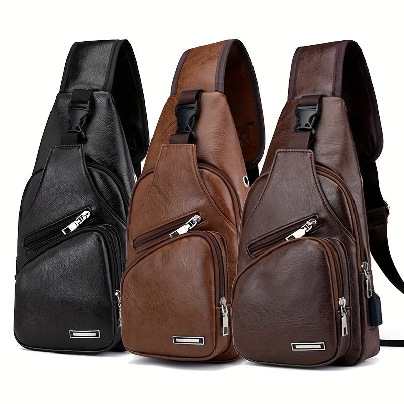 1pc Men's PU Leather Crossbody Bag, Retro Casual Large Capacity Multi-Layer Chest Bag for Daily Commute, Zipper Closure