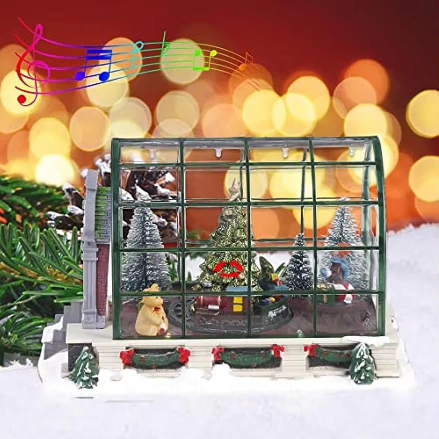 Lighted Christmas Village Greenhouse Decorations, Animated Lighted Collectible Building Xmas Musical Tree Home Holiday Ornament