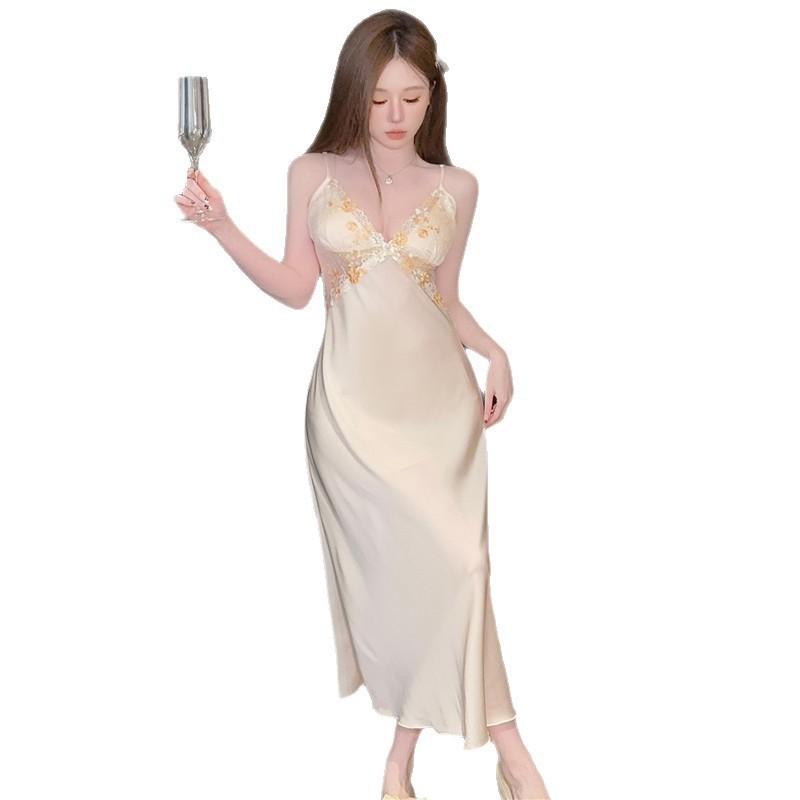 Long Nightgown with Chest Pad, Ice Silk Pajamas, Two-piece Set, High-end Elegant Long Skirt, Nightgown, Ice and Snow Silk Loungewear Women's