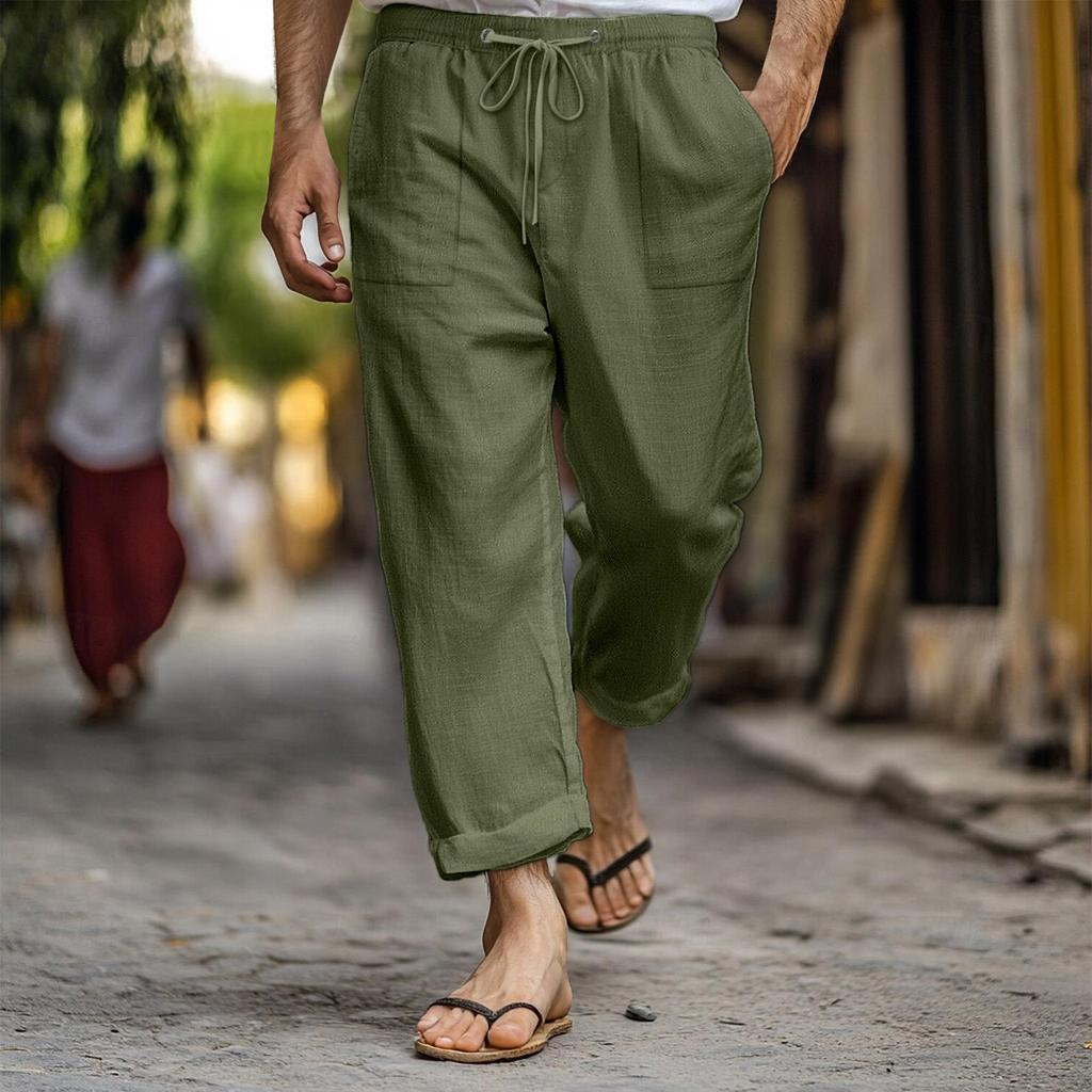 Men's Casual Summer Elastic Waist Drawstring Multi-Pocket Cotton and Linen Trousers Beach Pants