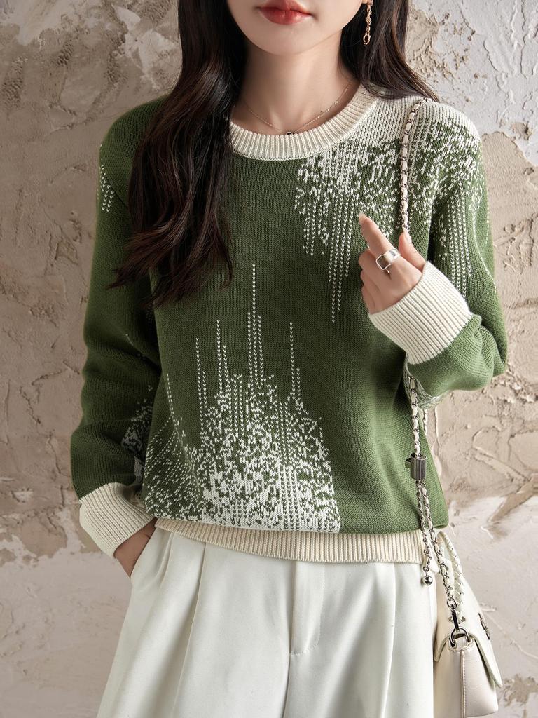 Ethnic Jacquard Crew Neck 100% Cotton Women's Cardigan Sweater - Autumn 2025 Collection