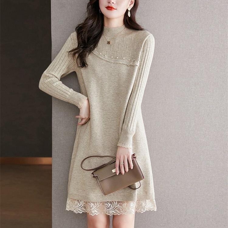 Lace Mid-length Sweater Solid-color Long-sleeved Knitted Dress for Women Loose Pullover Autumn and Winter