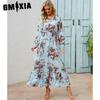 GMXIA Spring Summer Bohemian Women Maxi Dress Casual Long Sleeve High Waist Beach Dress Women Floral Chiffon Dresses Vestidoes Mujer New