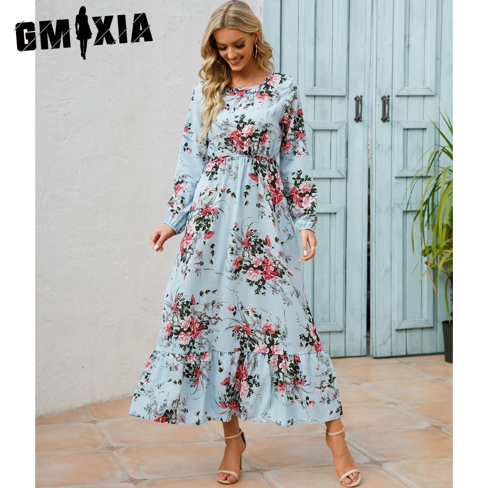 GMXIA Spring Summer Bohemian Women Maxi Dress Casual Long Sleeve High Waist Beach Dress Women Floral Chiffon Dresses Vestidoes Mujer New