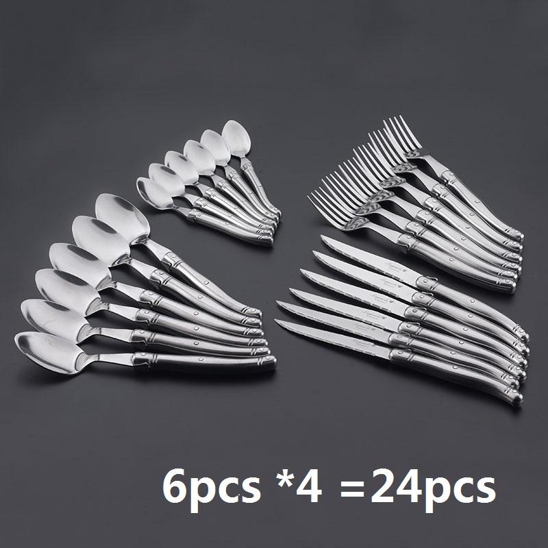 

24 шт. Столовые приборы Laguiole из нержавеющей стали 6 ножей для стейка 6 вилок 6 ложек 6 чайных ложек Серебро Столовое серебро Полая ручка