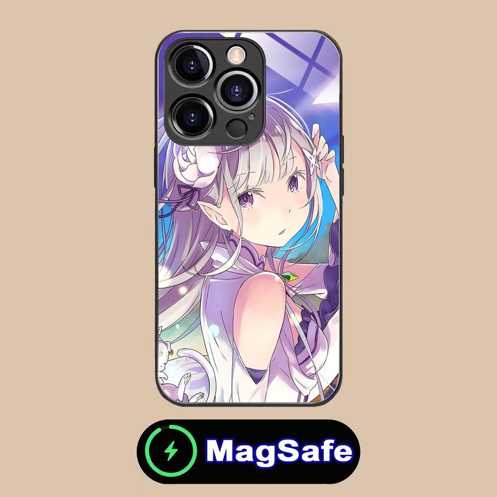 ReZero Emilia Waifu Mobile Phone Case for iPhone 17 16 15 14 13 12 11 Air Pro Max Plus Mini MagSafe Glass Colorful Cover Luxury