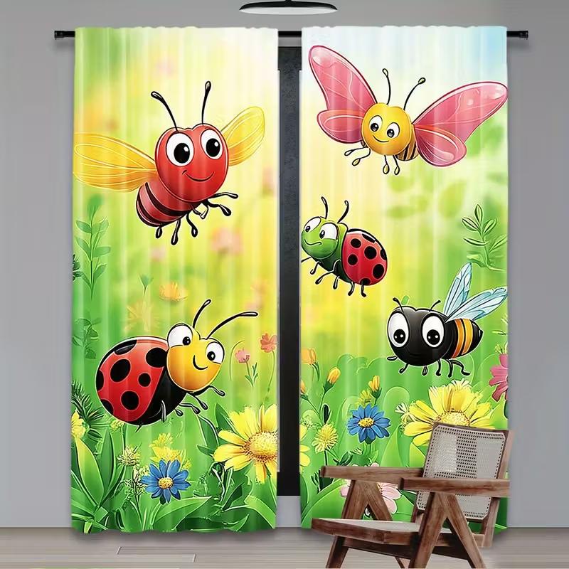 2Pcs Cartoon Insects Floral Printed Curtains, Designed For Light Filtering, Durable Material, Perfect For Kids' Room Daily Windo