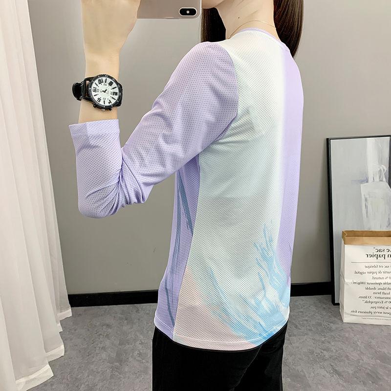 Ice Silk Quick Dry Long Sleeve T-Shirt Women Breathable Elastic Slim Base Top Outdoor Running Casual Tee