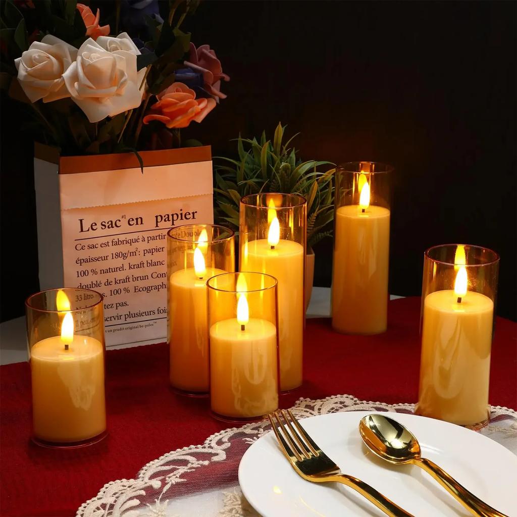 New 3 PCS/Set LED Flickering Flameless Pillar Amber Candles Battery Operated Acrylic  Candle  Wedding Halloween Christmas