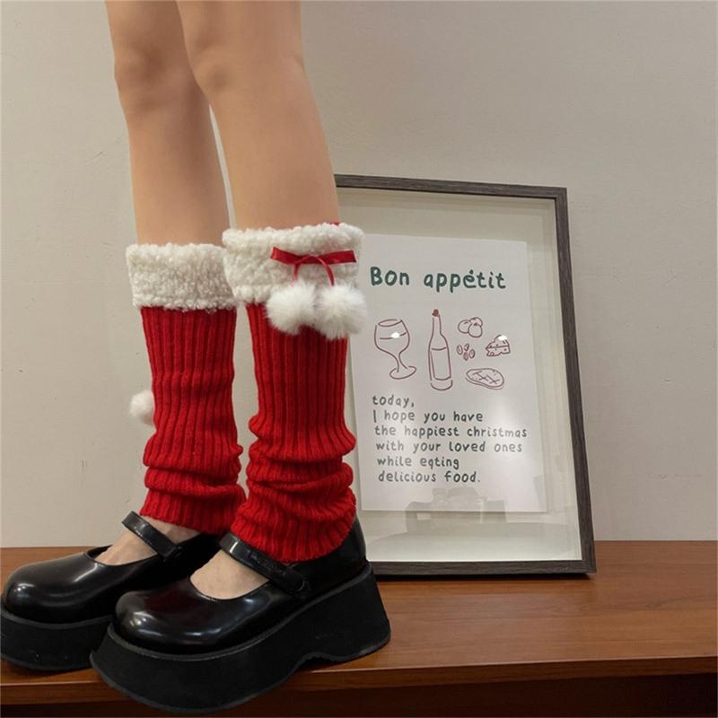 Women Winter Ribbed Knit Leg Warmer Stockings Y2K Harajuku Furry Trim Plush Ball Bow Christmas Leg Cover Long Boot Socks