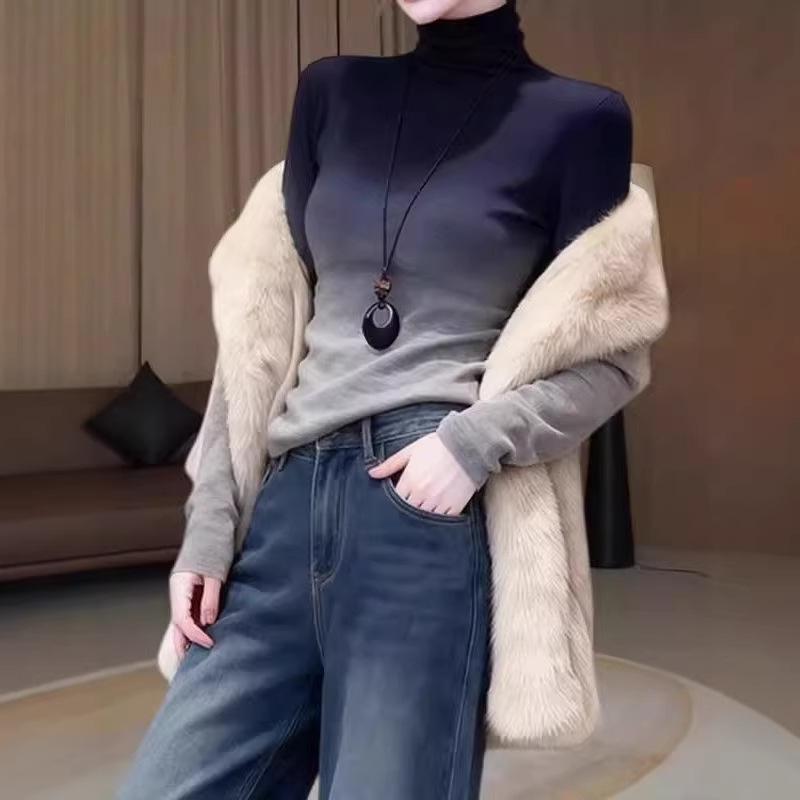 Gradient Cropped Semi-High Neck Slim Fit Thermal Top - 2026 Autumn/Winter Korean Style Women's Clothing