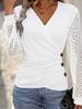 Women's Solid Color Patchwork Lace Lantern Sleeve Faux Button Loose Crossover Top