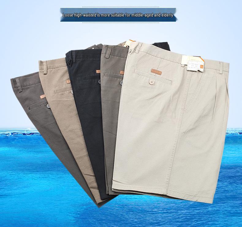 Men's Summer High-Waist Pure Cotton Loose Shorts - Double Pleated, Mid-Length Casual Wear for Middle-Aged and Elderly.