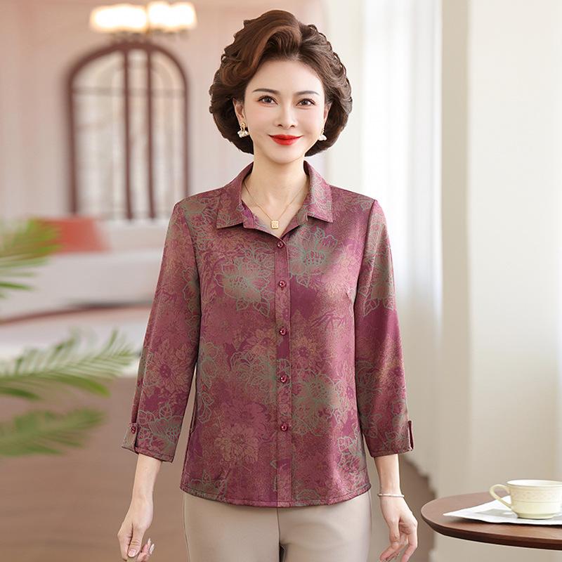 Elegant Floral Long-Sleeve Shirt for Middle-Aged and Elderly Women 2XL фиолетовый
