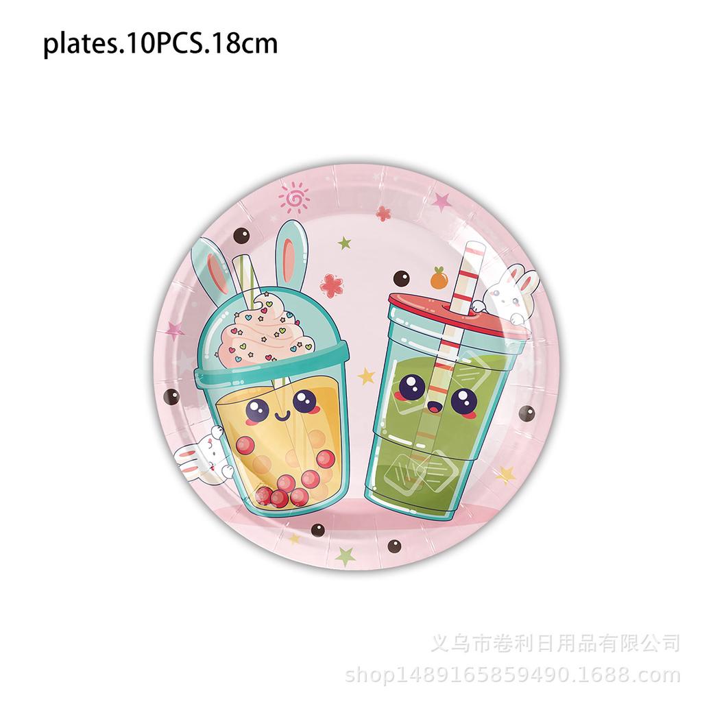 Customized Milk Tea Theme Party Decorations, Disposable Paper Plates, Paper Cups, Paper Towels, Tablecloths, Tableware Sets