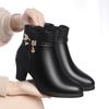 Mom Shoes Autumn and Winter Leather Shoes Velvet New Middle Heel Short Boots Tapered Heel Fashion Boots    and Elderly Warm Cotton Shoes
