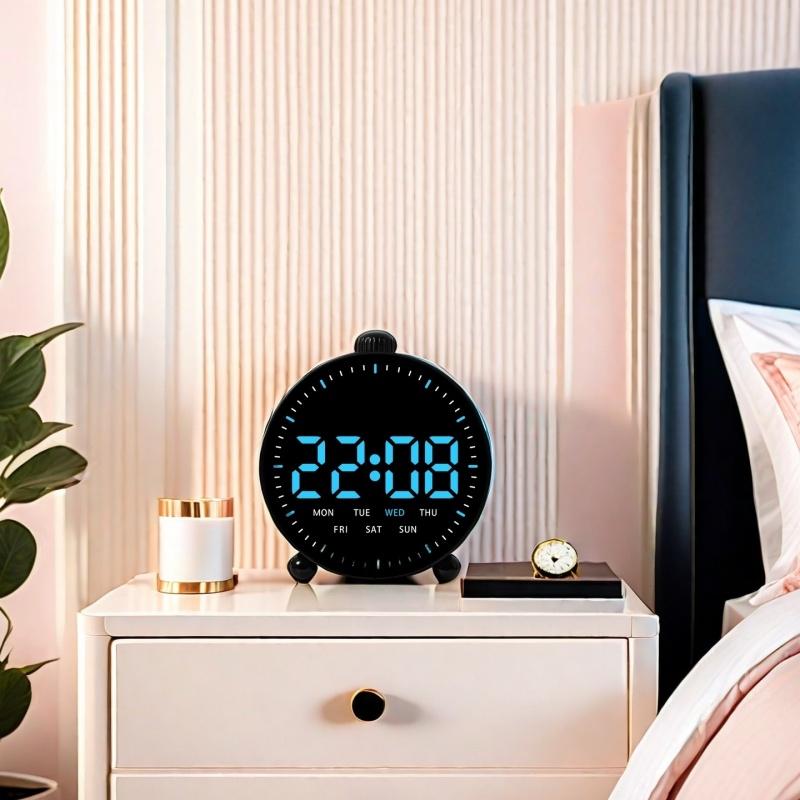 LED Digital Alarm Clock Date Week Display 2 Alarms Countdown Timer Second Hand Clock Bedside Electronic Clock 12/24H USB Powered