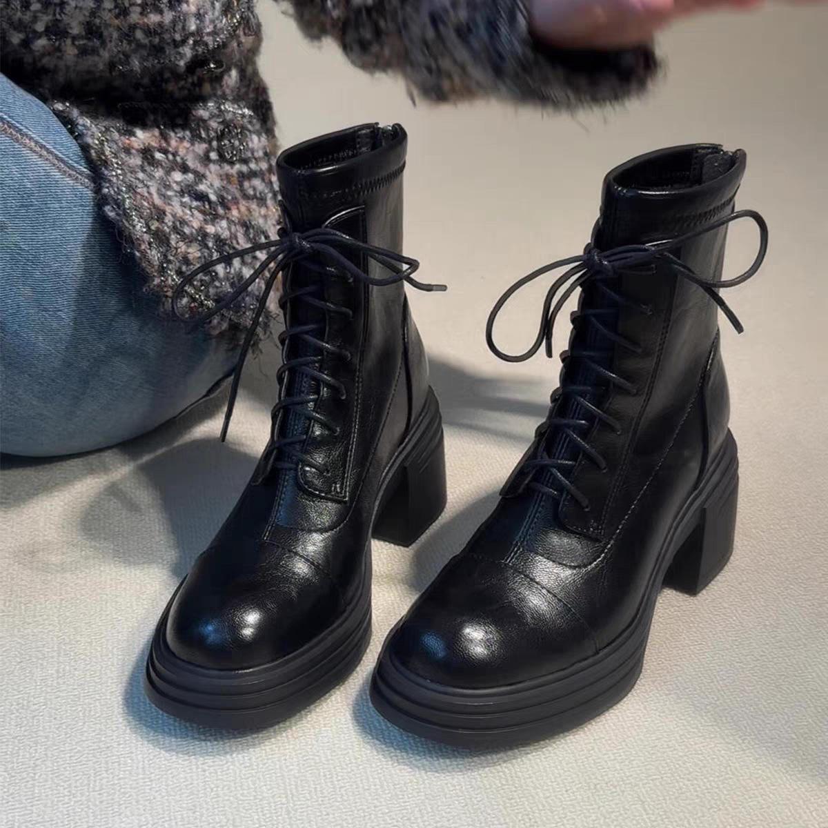 

Французский ретро стиль круглый носок толстый каблук короткие ботинки женские 2025 новые универсальные модные тонкие ботинки задняя молния ботинки Мартин 39 чёрный