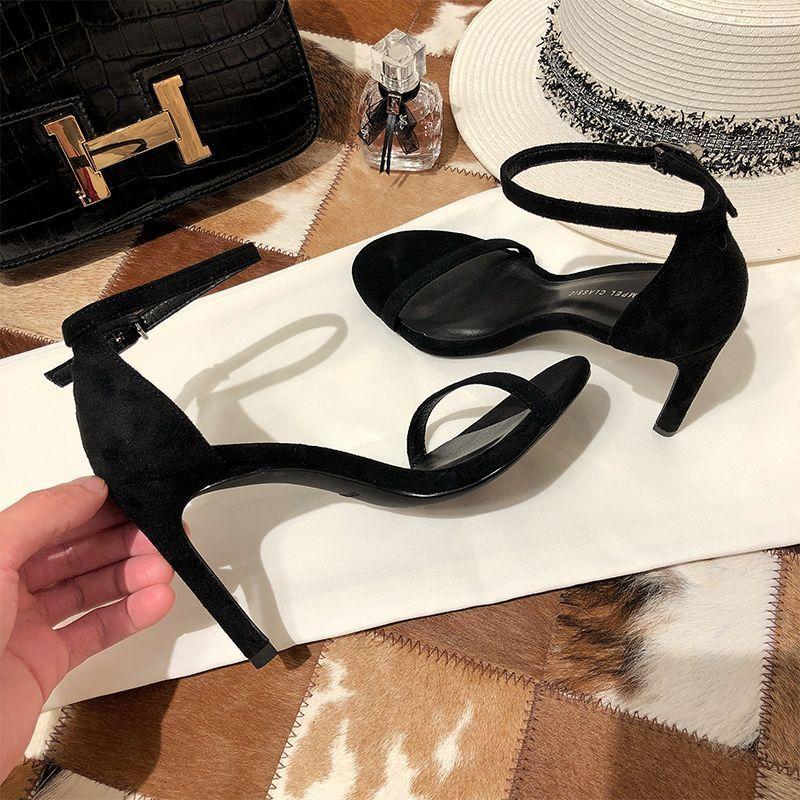 High heels women's 2025 new summer one-word strap stiletto black sexy fashion Roman Internet celebrity sandals ins