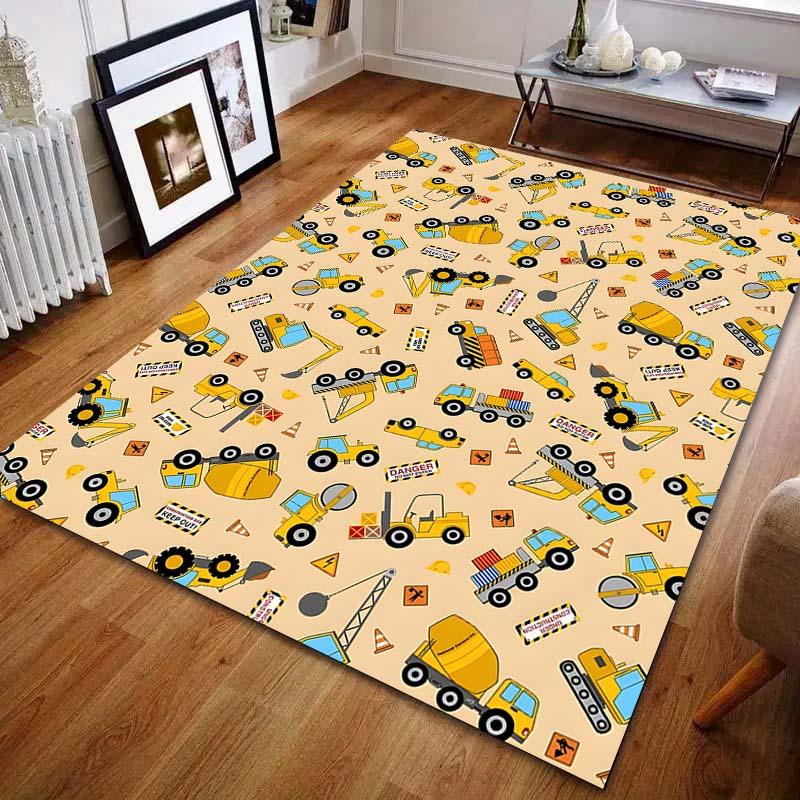 Cartoon Baufahrzeug Druck Teppich für Wohnzimmer Schlafzimmer Bettseite Sofa Tisch Bodenmatte Große Größe Heim Bereichsteppich Dekor