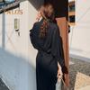 Women Spring Fall Dress Loose Lapel Solid Color Single-breasted Split Hem Soft Long Sleeve Retro Casual Commute Pleated Maxi Dress