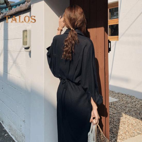 Women Spring Fall Dress Loose Lapel Solid Color Single-breasted Split Hem Soft Long Sleeve Retro Casual Commute Pleated Maxi Dress
