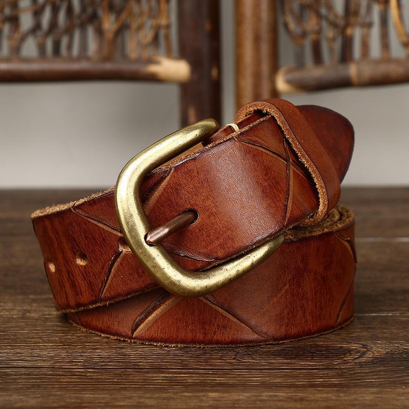 Belt Men's Handmade Knife Marks Leather Pin Buckle Personality Trendy Korean Style First Layer Cowhide Belt Men
