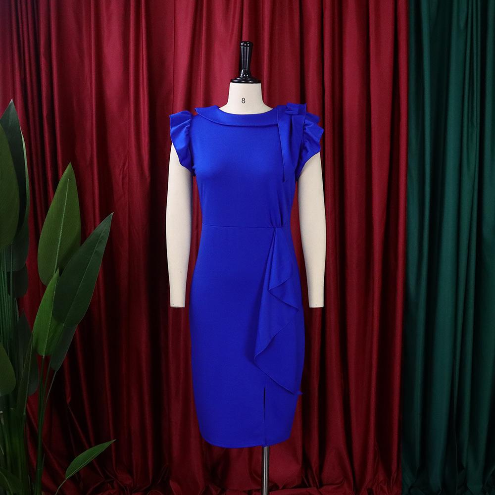 Large Size Women Summer Fashion Solid Ruffled Dress Ladies Elegant One Piece Slit Dress