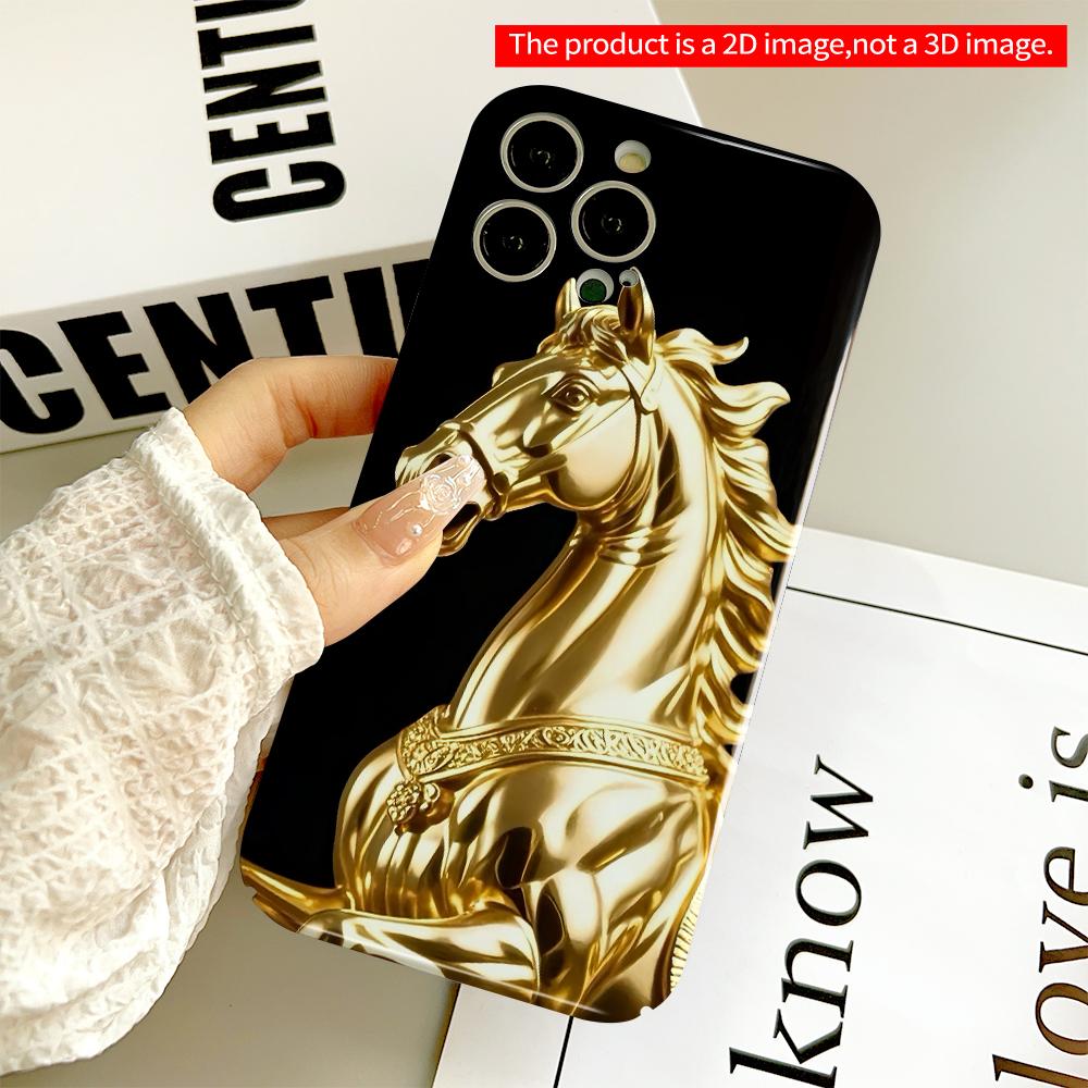 2DFlat Golden Horse Statue Phone Case All Inclusive Film Hard Phone Case, Compatible with iPhone 18 Pro Max 17 16 15 14 13 12 11