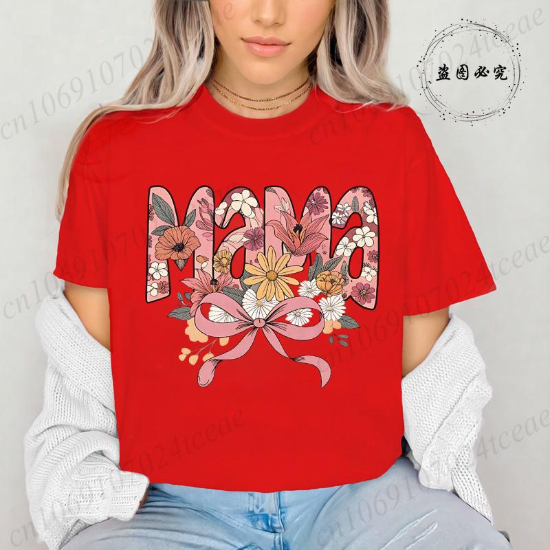 Floral Coquette T-Shirt,Pink Bow Tee Floral Mama T-Shirt for Women Vintage Retro Mama Shirt Wildflowers Mama Women's Clothing