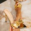 Women's high-heeled sandals gold fashion high-heeled women's shoes one-pedal pointed head decorative bow simple high-heeled sandals